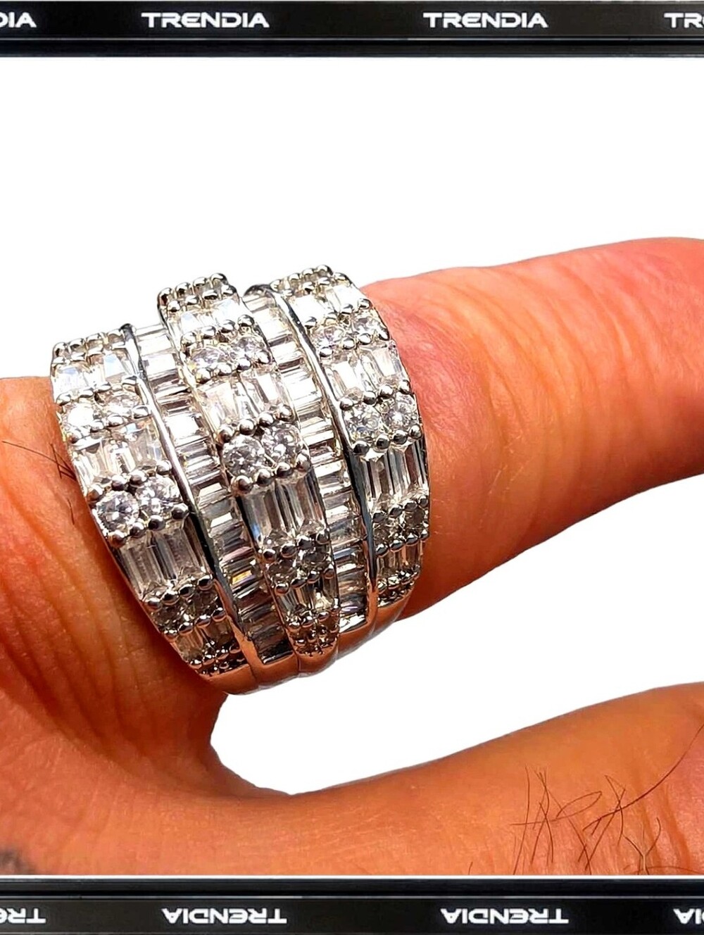 Silver Multi-Row Crystal Stack Ring - White